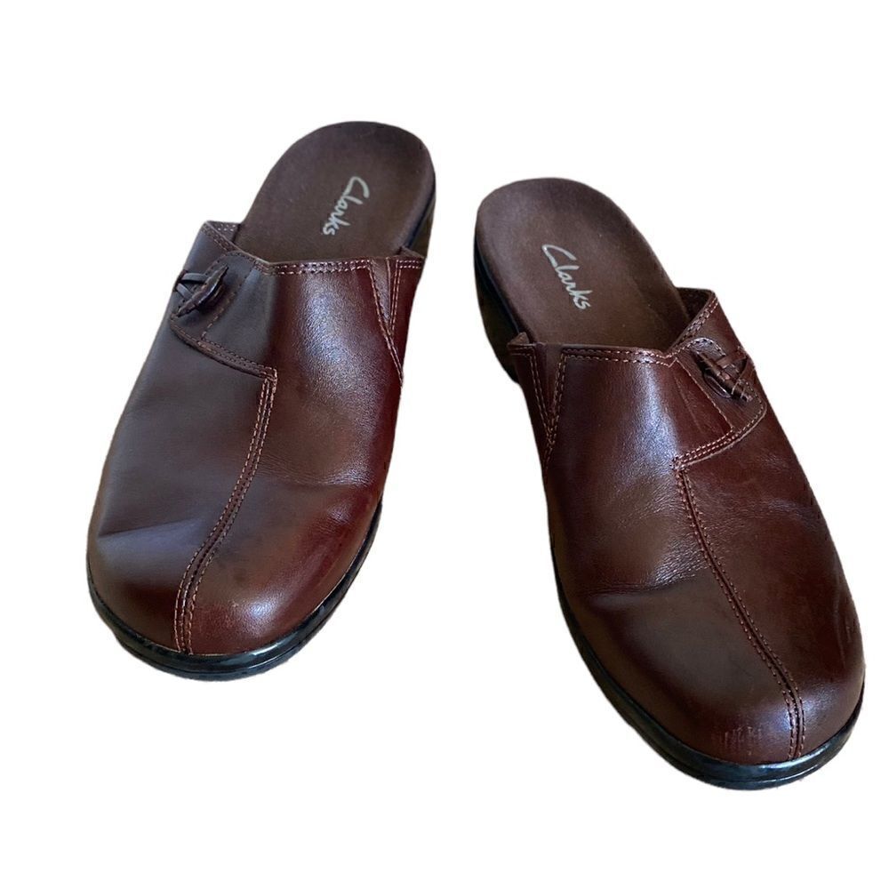 Clarks Brown Leather Slip On Mules Women's Size 8